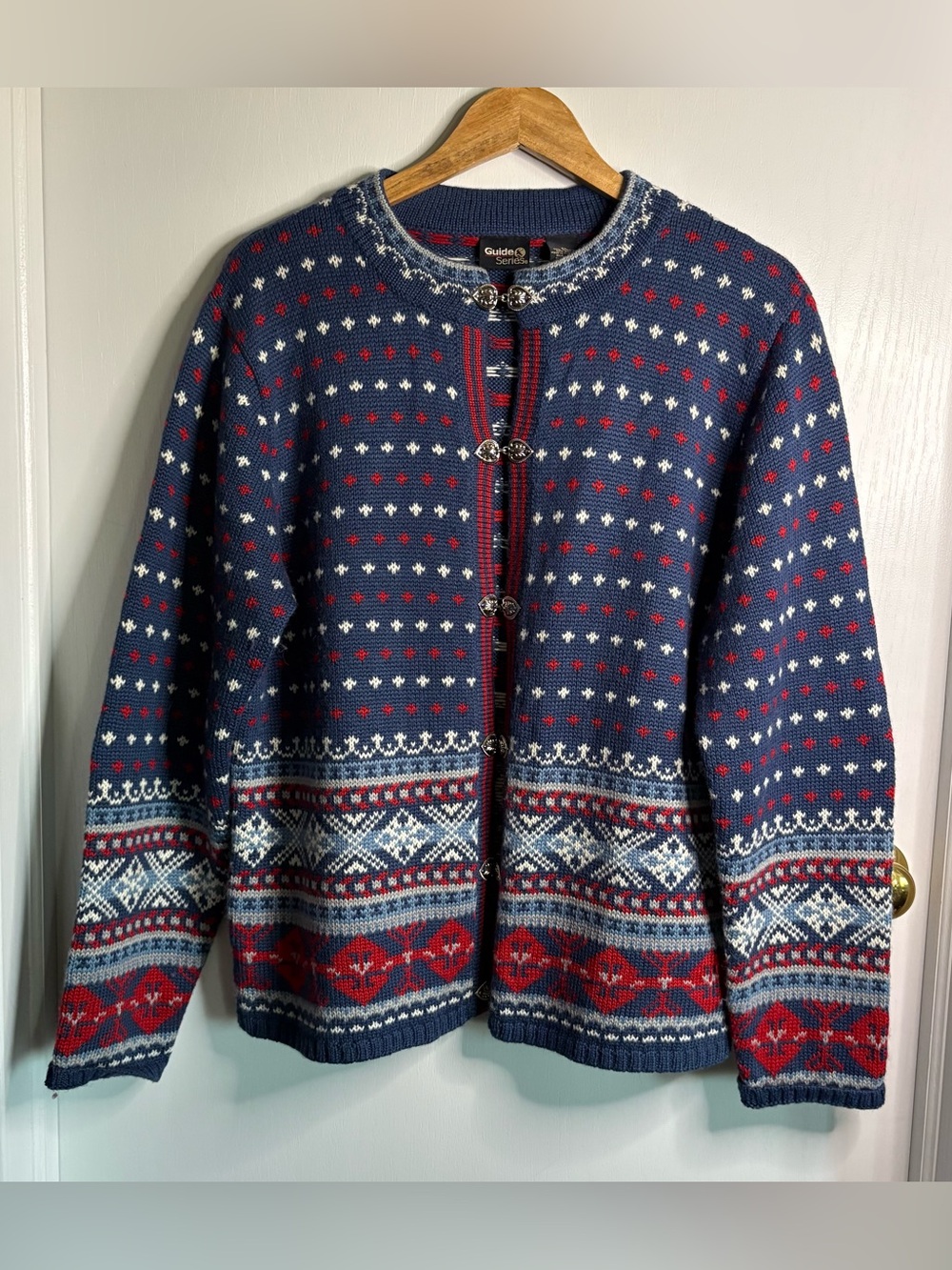 Guide Series Sz XL Wool Nordic Cardigan Metal Clasps Apres Ski Scandi Wool Cozy